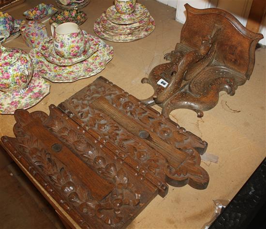 Pair of foliate & ribbon-carved wood architectural panels & a wall bracket with grififn support (a.f)